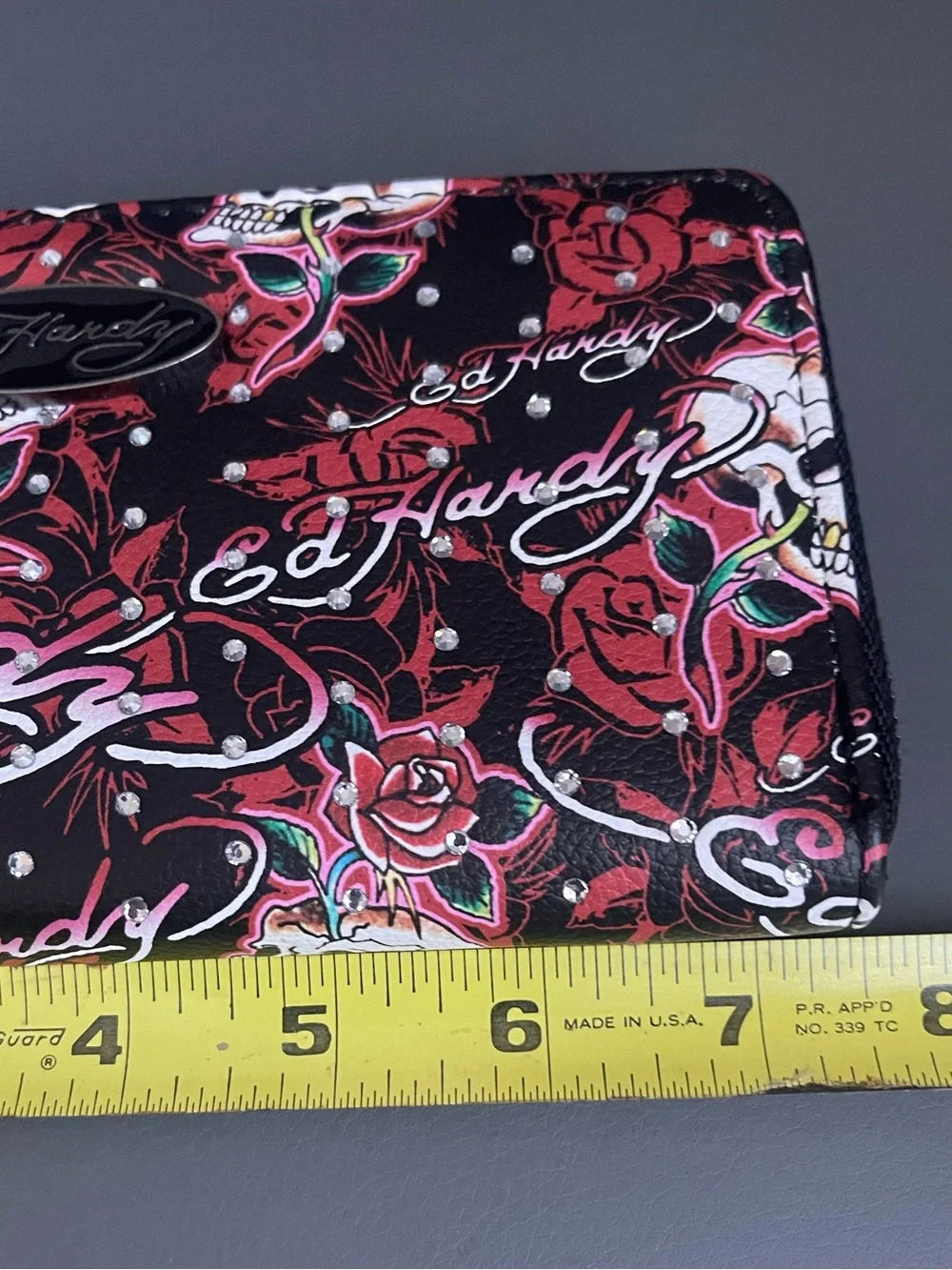 Ed Hardy Wallet Tattoo-Style Skull and Rose Graphic Wristlet